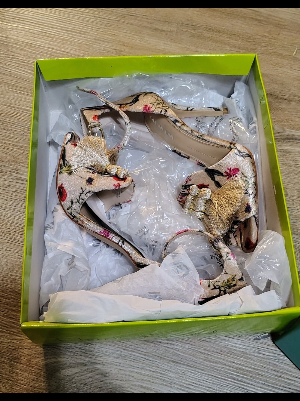 Gianni Bini Floral Embroidered Tassel Heels in Cream and Gold